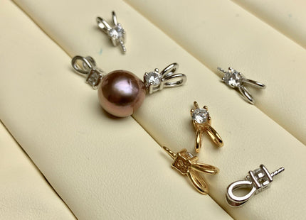 One Piece 925 Sterling Silver/Gold Pendant Setting Findings For Half Drilled Pearls Simple Design W/CZ Sterling Silver Pendant #10358