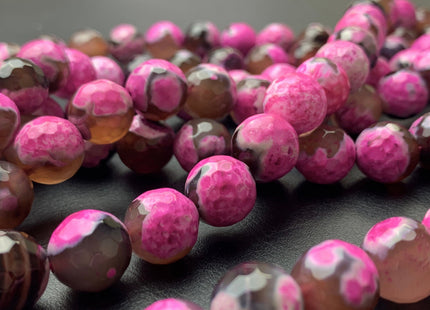 12 mm Faceted Round Fire Agate Gemstone Beads Heat Treated Mixed Hot Pink And Brown Color Natural Agate 15.5 Inches Strand #2695