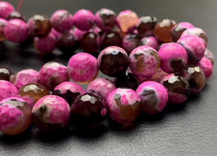 12 mm Faceted Round Fire Agate Gemstone Beads Heat Treated Mixed Hot Pink And Brown Color Natural Agate 15.5 Inches Strand #2695