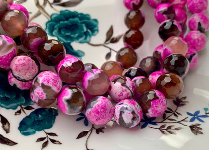 12 mm Faceted Round Fire Agate Gemstone Beads Heat Treated Mixed Hot Pink And Brown Color Natural Agate 15.5 Inches Strand #2695