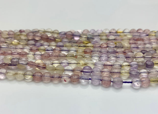 4mm Micro Faceted Diamond Cut Light Multi Color Super 7 Flat Coin Disc Shape Genuine Super 7 Gemstone Beads 15.5 Inches Strand #3076