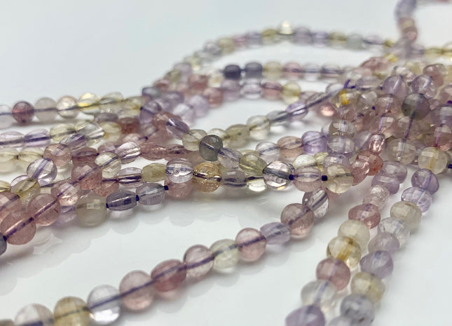 4mm Micro Faceted Diamond Cut Light Multi Color Super 7 Flat Coin Disc Shape Genuine Super 7 Gemstone Beads 15.5 Inches Strand #3076