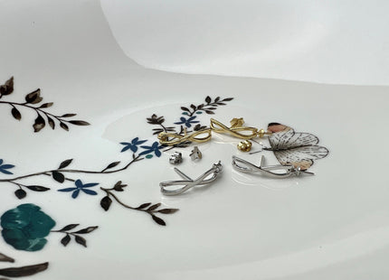 One Pair 925 Sterling Silver/Gold Earring Studs Setting Genuine 925 Silver With Bow Tie Ribbon Design For Half Drilled Pearls #10274