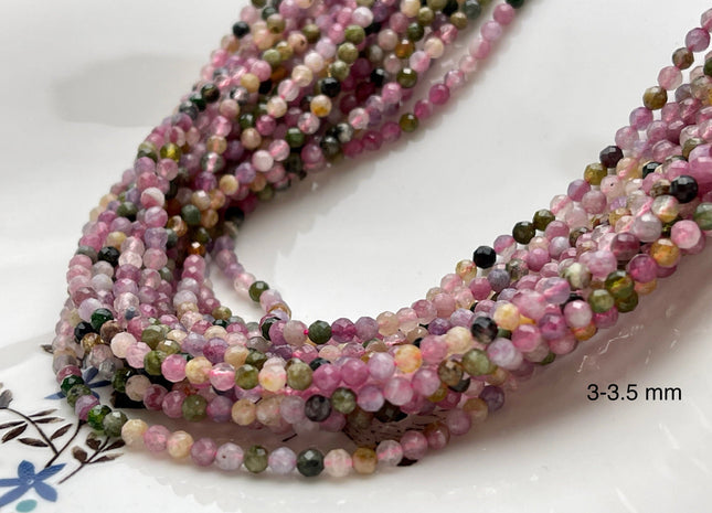 WHOLESALE 2mm 3mm Natural Color Tiny Tourmaline Gemstone Beads Multi Color Faceted Round Pink Green Tourmaline Beads 15.5 Inches #2063