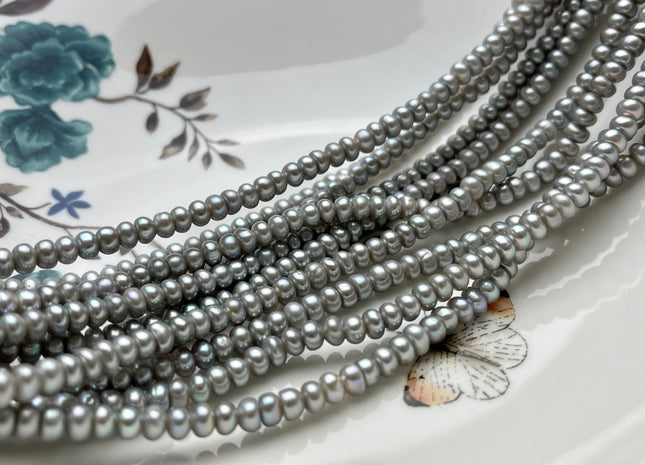 5 mm AAA Half Strand Large Hole Silver Gray Round Button Freshwater Pearls Hole Size 1.5 mm Genuine 49 Beads #1831