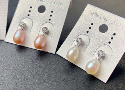 7.5x10 mm White Pink Peacock Freshwater Pearl Earrings With Classic Design 925 Sterling Silver Earrings #10051-B