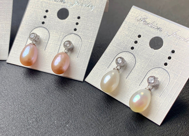 7.5x10 mm White Pink Peacock Freshwater Pearl Earrings With Classic Design 925 Sterling Silver Earrings #10051-B