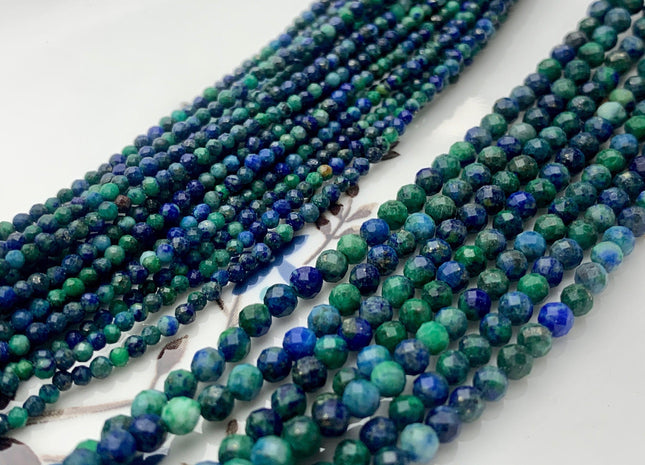 2mm 3mm Natural Color Micro Faceted Round Tiny Chrysocolla Azurite Gemstone Beads Genuine Blue Green Color Small Azurite 15.5 Inches #3689