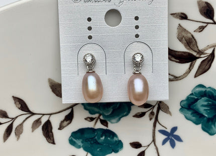 7.5x10 mm White Pink Peacock Freshwater Pearl Earrings With Classic Design 925 Sterling Silver Earrings #10051-B