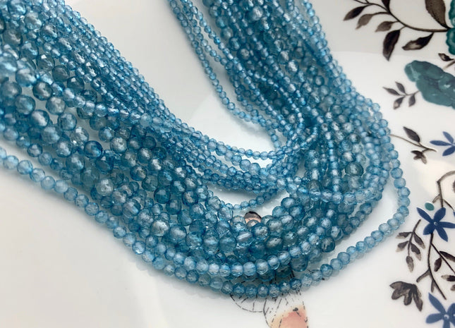 2mm 3mm 4mm AAA Micro Faceted Round Blue Topaz Gemstone Beads Genuine Natural Blue Topaz 15.5 Inches Strand #3812
