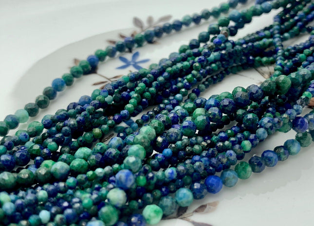 2mm 3mm Natural Color Micro Faceted Round Tiny Chrysocolla Azurite Gemstone Beads Genuine Blue Green Color Small Azurite 15.5 Inches #3689