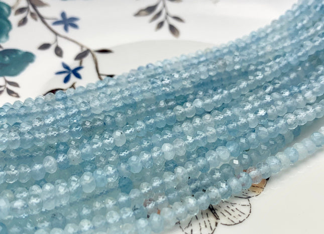 3x4 mm Natural Color Faceted Rondelle Aquamarine Gemstone Beads Natural Blue Micro Faceted Rondelle Aquamarine Gemstone Beads # 2448
