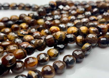 6 mm Micro Faceted Diamond Cut Brown Color Tiger Eye Gemstones Flat Coin Disc Shape Gemstone Beads Genuine Tiger Eye 15 Inches Strand #2836