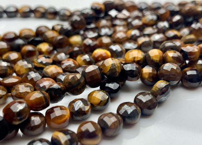 6 mm Micro Faceted Diamond Cut Brown Color Tiger Eye Gemstones Flat Coin Disc Shape Gemstone Beads Genuine Tiger Eye 15 Inches Strand #2836