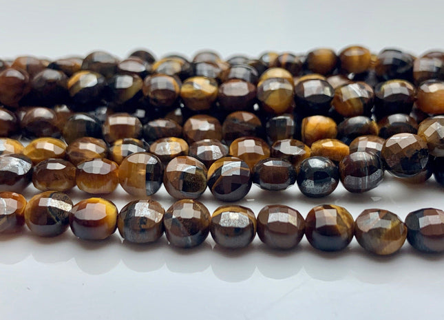 6 mm Micro Faceted Diamond Cut Brown Color Tiger Eye Gemstones Flat Coin Disc Shape Gemstone Beads Genuine Tiger Eye 15 Inches Strand #2836