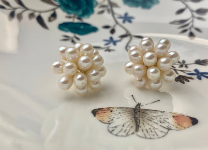Genuine Natural White Freshwater Pearl Stud Earring .925 Sterling Silver Cluster Earring Posts Pearl Earrings Bridal Earrings #10047-A