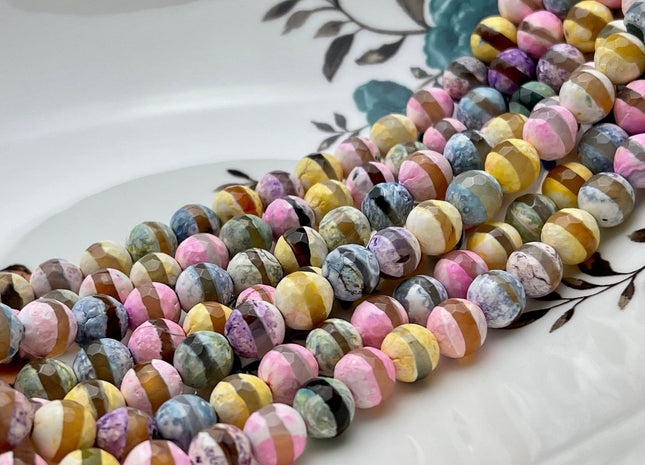 8 mm 10 mm 12 mm DZI Tibetan Agate Faceted Round Yellow Pink And Blue Color Tibetan Agate Gemstone Loose Beads #2392