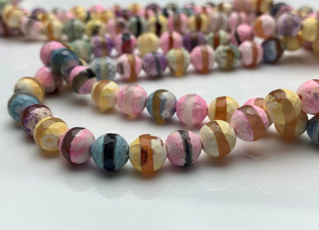 8 mm 10 mm 12 mm DZI Tibetan Agate Faceted Round Yellow Pink And Blue Color Tibetan Agate Gemstone Loose Beads #2392