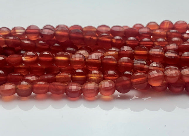 4mm Micro Faceted Diamond Cut Translucent Red Color Carnelian Flat Coin Disc Shape Genuine Carnelian Gemstone Beads 15.5 Inches Strand #3066