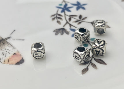One Piece 6 mm 925 Sterling Silver Alphabet Letter Silver Dice Shape Genuine Sterling Silver Large Hole Spacer Bali Antique Beads #10166