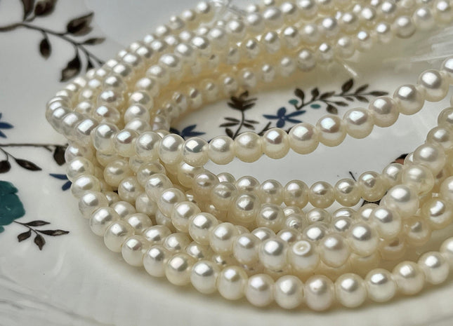 4.5-5 mm AAA Natural White Half Strand Large Hole Off Round Freshwater Pearls Hole Size 2.1 mm Genuine High Luster Large Hole Pearl #P2242