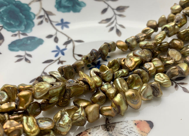 7-9 mm Metallic Brownish Green Keshi Freshwater Pearl Beads Rare Genuine Center Or Top Drilled Nugget Keshi Freshwater Pearls B Grade #P2178