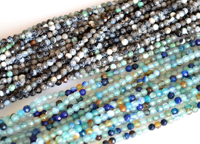 3mm Faceted Round Agate Semi Precious Stone Beads Black & Blue Green Color Genuine Gemstones #2117