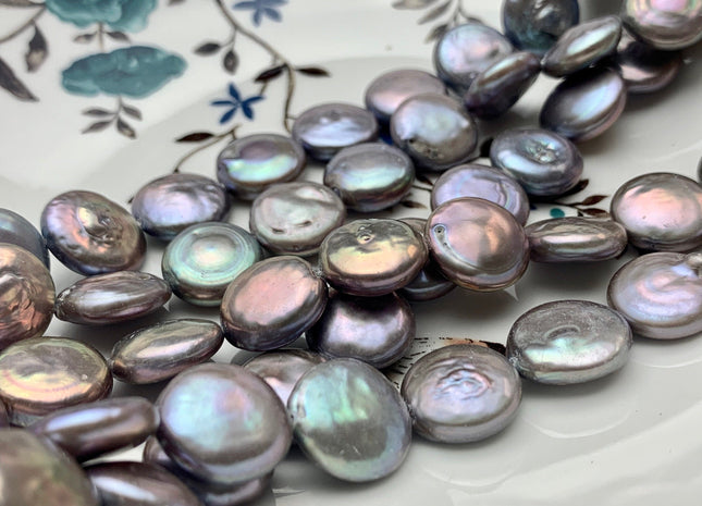 14-15 mm AA Lavender Gray Color Flat Coin Freshwater Pearl Beads Genuine High Luster Gray Freshwater Coin Pearls #1898