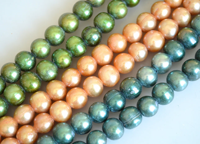 9-10mm Large Hole Half Strand Freshwater Pearls Potato/Round Shape 2.2mm Hole Green and Gold Color #704
