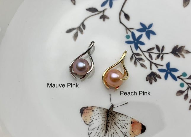 8.5 mm AAA Natural Mauve/Peach Pink Round Freshwater Pearl Pendant W/925 Sterling Silver/Gold Cage Design Genuine Pearl Jewelry #10003