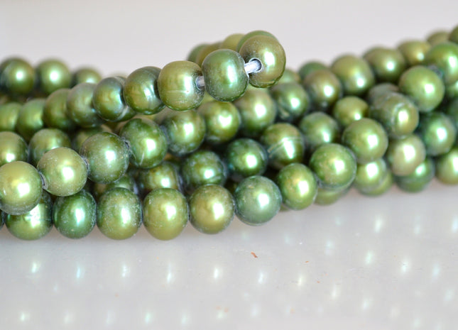9-10mm Large Hole Half Strand Freshwater Pearls Potato/Round Shape 2.2mm Hole Green and Gold Color #704