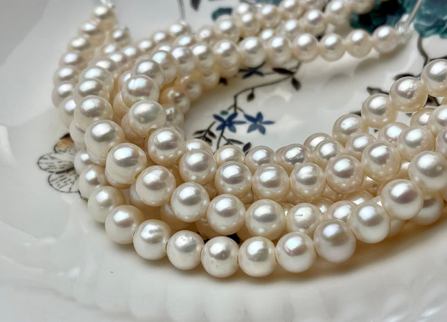 9-10 mm AAA Half Strand Large Hole Natural White Off Round Freshwater Pearls Hole Size 2.2mm High Luster Large Hole Potato Pearl #P2137
