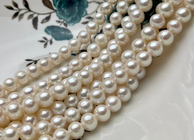 9-10 mm AAA Half Strand Large Hole Natural White Off Round Freshwater Pearls Hole Size 2.2mm High Luster Large Hole Potato Pearl #P2137