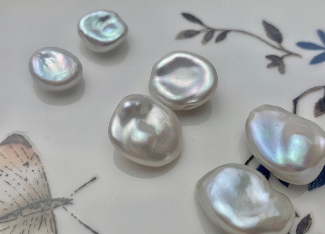 One Pair 8-15mm AAAA Natural White Flat Keshi Freshwater Pearl Half Drilled Matching Earring Very Rare High Luster Cornflake Pearls #1343