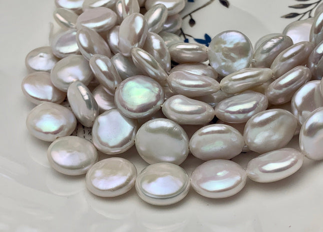 12-14mm AAAAA High Luster Top Quality Natural White Coin Freshwater Pearls Genuine Very Rare Round Coin Pearl 8 Inches 14 Beads #P1675