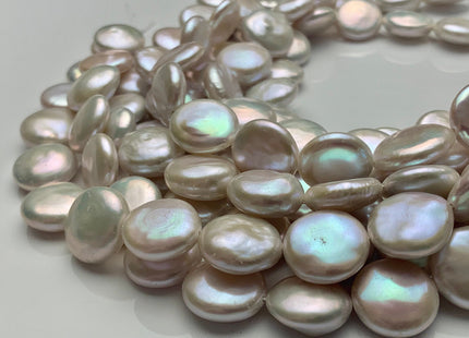 12-14mm AAAAA High Luster Top Quality Natural White Coin Freshwater Pearls Genuine Very Rare Round Coin Pearl 8 Inches 14 Beads #P1675