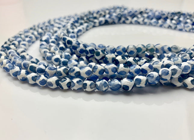 6mm 8mm AAA DZI Tibetan Agate Faceted Round Blue And White Football Tibetan Agate Gemstone Loose Beads #2566