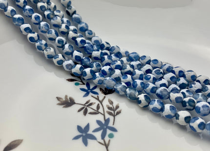 6mm 8mm AAA DZI Tibetan Agate Faceted Round Blue And White Football Tibetan Agate Gemstone Loose Beads #2566