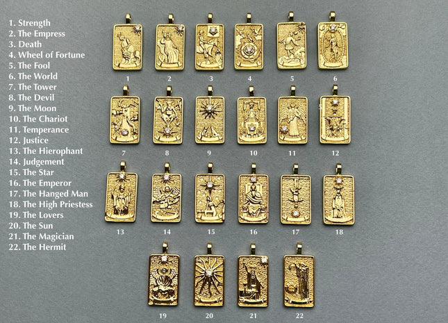 Arcana Tarot Card Charms for Necklace, 18K Gold Filled Charm Pendant With CZ, Antique Charms for Jewelry Making, One Piece #CR0001