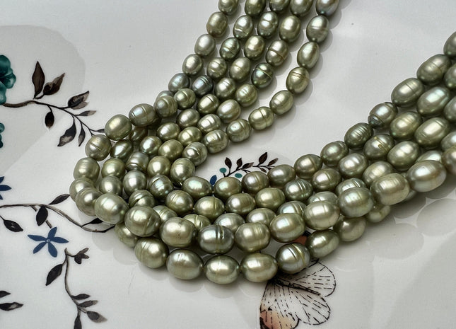 7x9 mm Olive/Sage Green Color Freshwater Rice/Oval Pearls Genuine Green Color Rice/Oval Freshwater Pearls 44 Beads #P2268