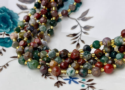 6 mm Faceted Star Cut Indian Agate Gemstone Beads Genuine Faceted Brown Green Agate Gemstone Loose Beads 15 Inches Strand 50 Beads #4188