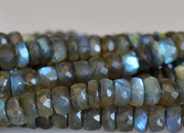 7mm 8-9mm Or 9-10mm AAA Quality Blue Flash Labradorite Beads Natural Dark Gray With Lots Blue Flash Faceted Rondelle Shape 8 inches # 2089
