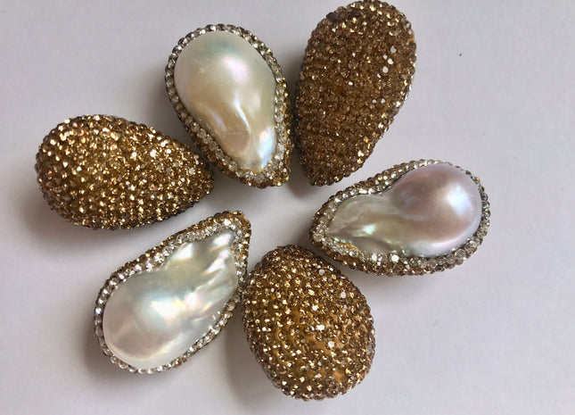15-20x20-25 mm Baroque Freshwater Pearl Pendent Half Drilled With Pave Gold Rhinestone/Cubic Zirconia Bead 0.7 mm Hole #1001