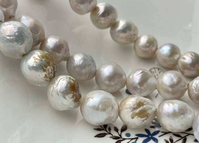 12-14.5 mm AA Half Strand Large Hole Baroque Pearl 2.2 mm Hole Natural White With Pink Champagne Color Baroque Pearl Beads #863