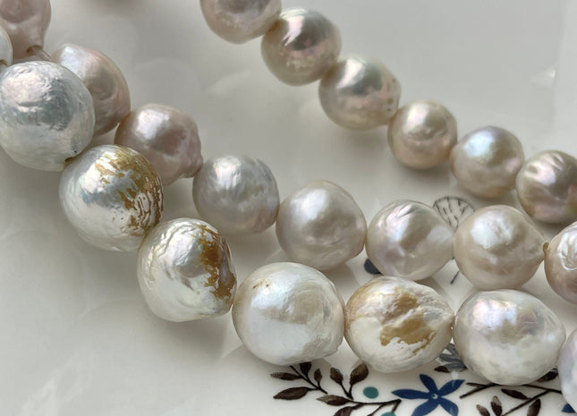 12-14.5 mm AA Half Strand Large Hole Baroque Pearl 2.2 mm Hole Natural White With Pink Champagne Color Baroque Pearl Beads #863