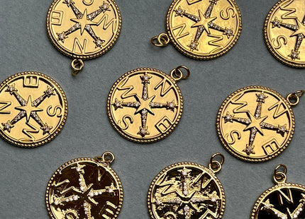 Compass Medallion Star Design Charms for Necklace Jewelry Making, 18K Gold Filled Charm Pendant With CZ Crystals, One Piece #CR0035