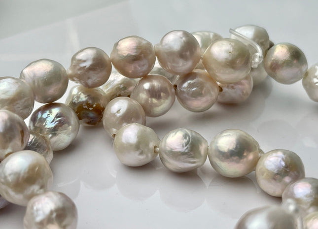 12-14.5 mm AA Half Strand Large Hole Baroque Pearl 2.2 mm Hole Natural White With Pink Champagne Color Baroque Pearl Beads #863
