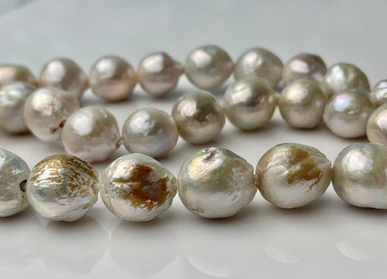 12-14.5 mm AA Half Strand Large Hole Baroque Pearl 2.2 mm Hole Natural White With Pink Champagne Color Baroque Pearl Beads #863