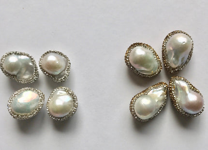 15-20x20-25 mm Baroque Freshwater Pearl Pendent Half Drilled With Pave Gold Rhinestone/Cubic Zirconia Bead 0.7 mm Hole #1001