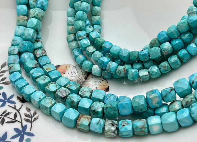 5mm 6mm Micro Faceted Cube Dice Square Shape Multi Blue Turquoise Blue Brown Color Gemstone Beads 15.5 Inches #4030